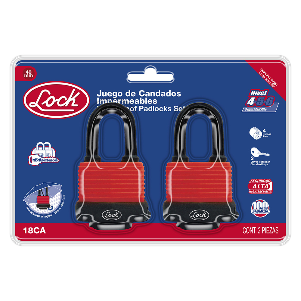 Juego de candados impermeables largos 40 mm, llave estándar, 2 piezas Lock