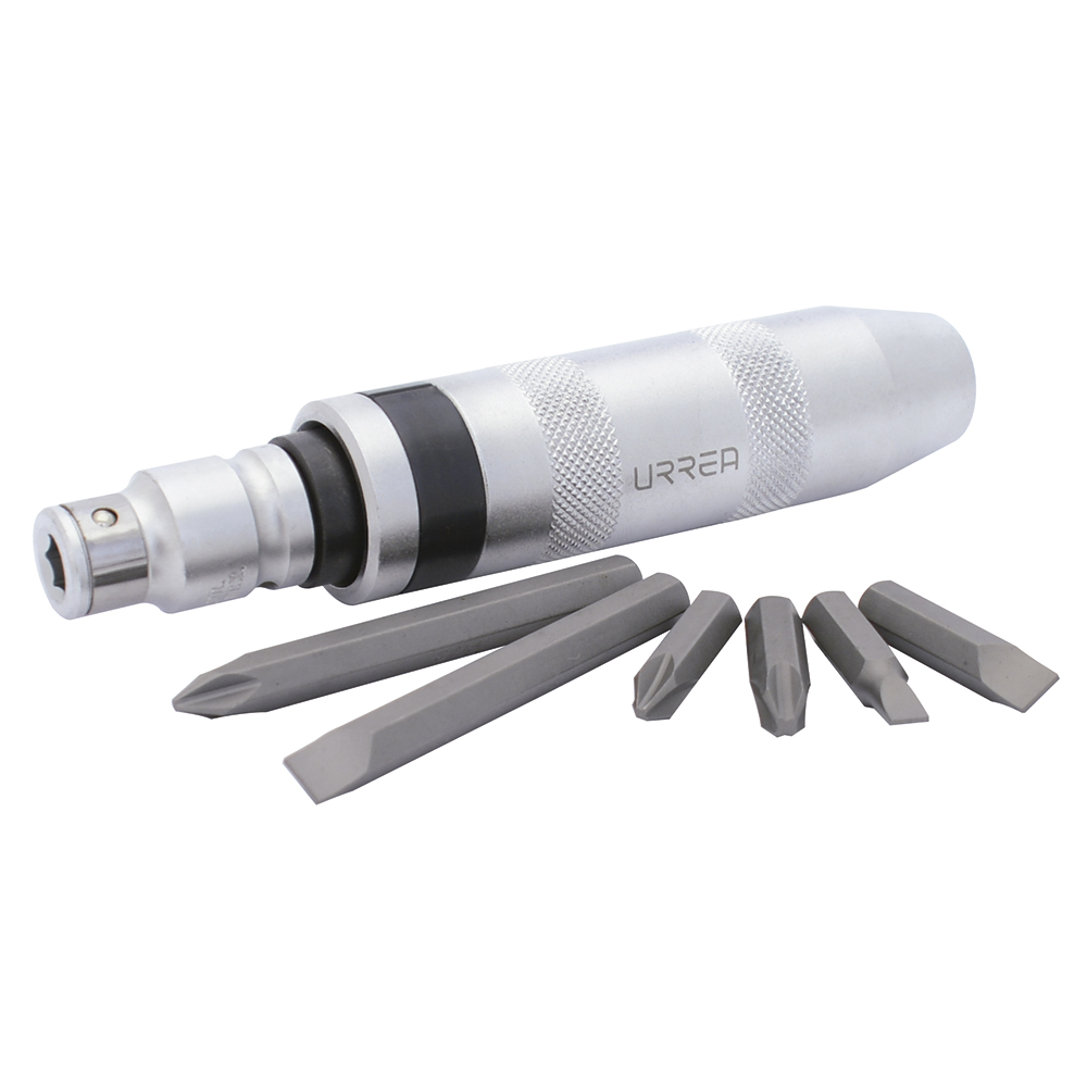 Juego de destornillador de golpe con puntas intercambiables, 8 piezas en caja plástica Urrea