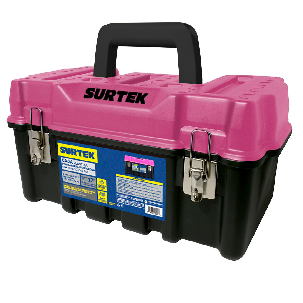 Caja portaherramientas plástica con broches metálicos color negro tapa rosa 17" x 9" x 8" Surtek