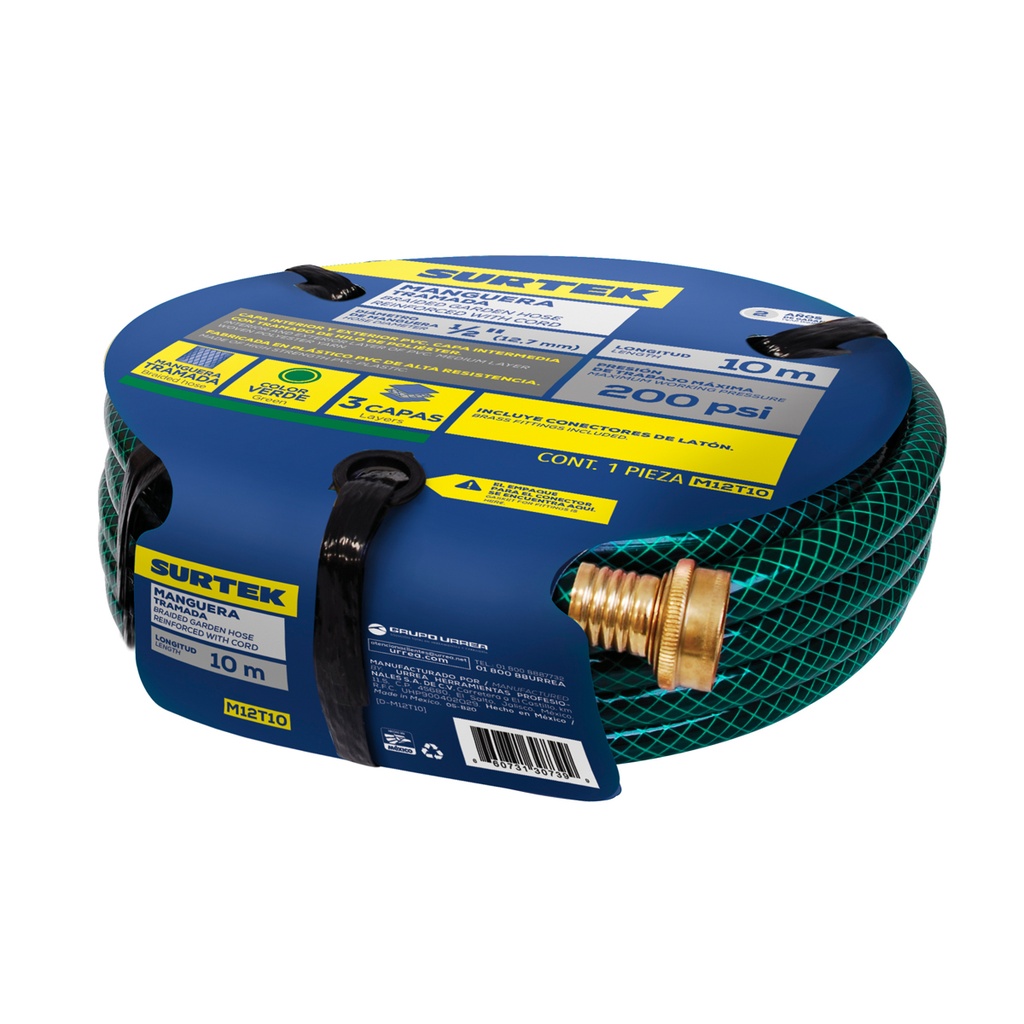 Manguera para jardín tramada verde con conector metálico 1/2", 10 m Surtek