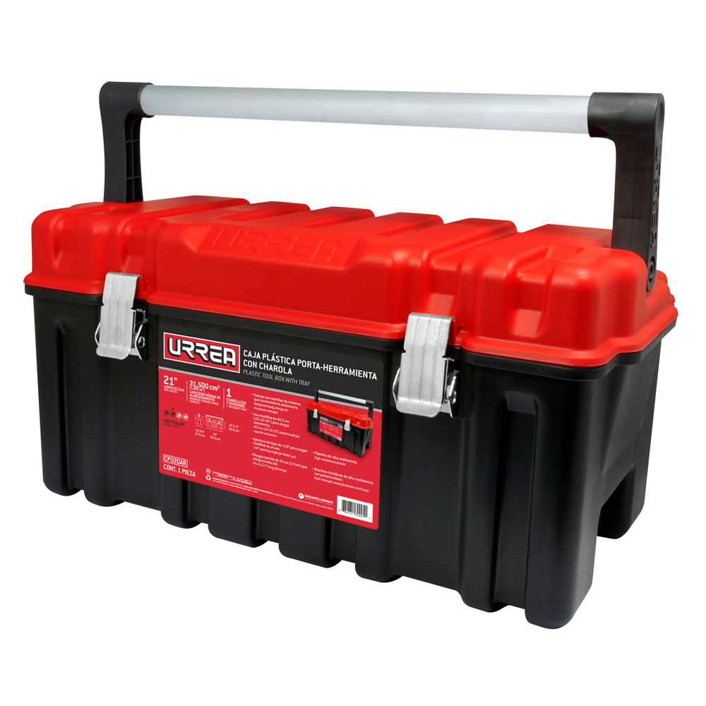 Caja portaherramientas plástica con broches metálicos color negro tapa roja 21" x 11" x 10 Urrea
