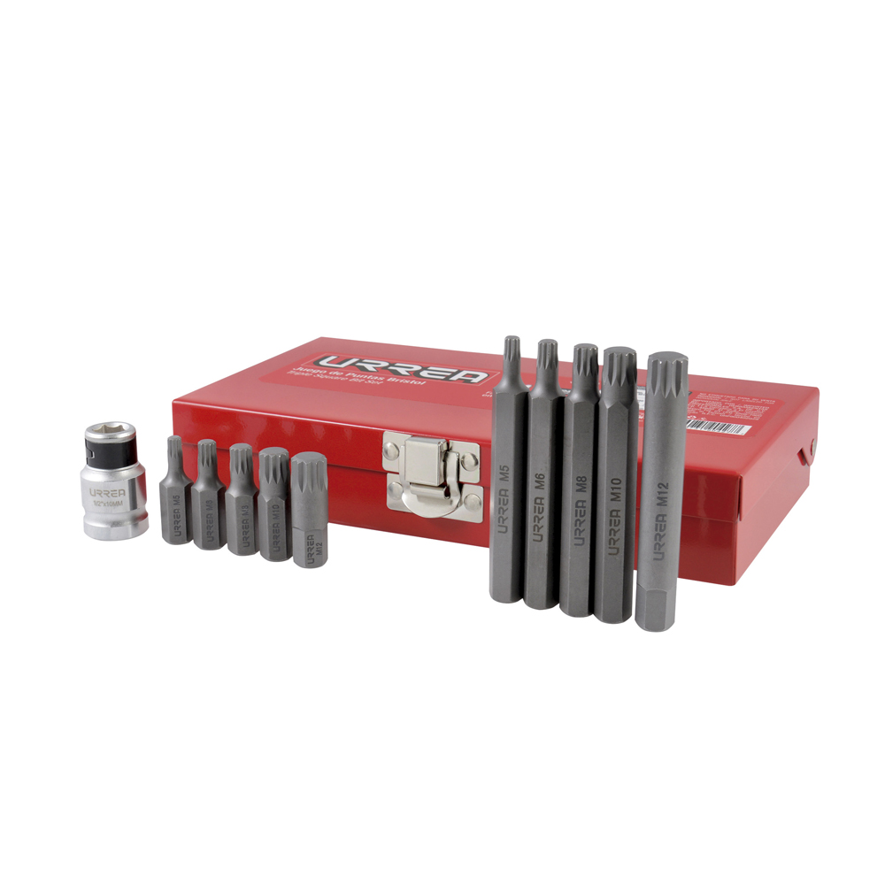 Juego de puntas bristol hexágono de 3/8" con adaptador, 11 piezas en caja metálica Urrea