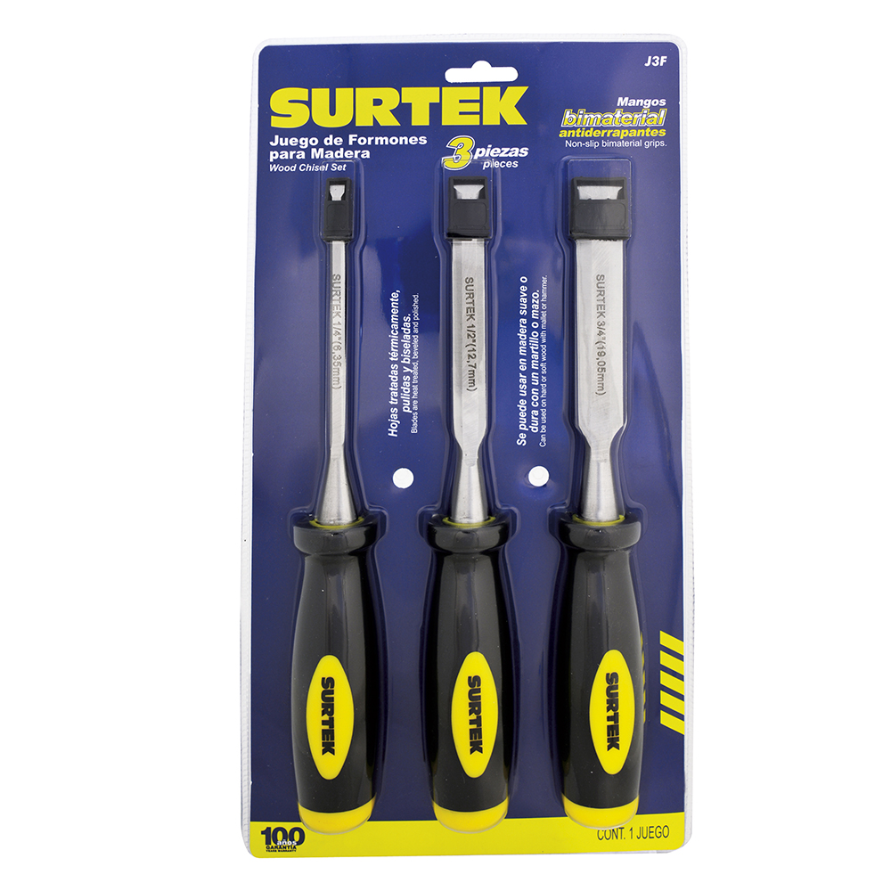 Juego de formones para madera con mango bimaterial 1/4", 1/2" y 3/4", 3 piezas Surtek