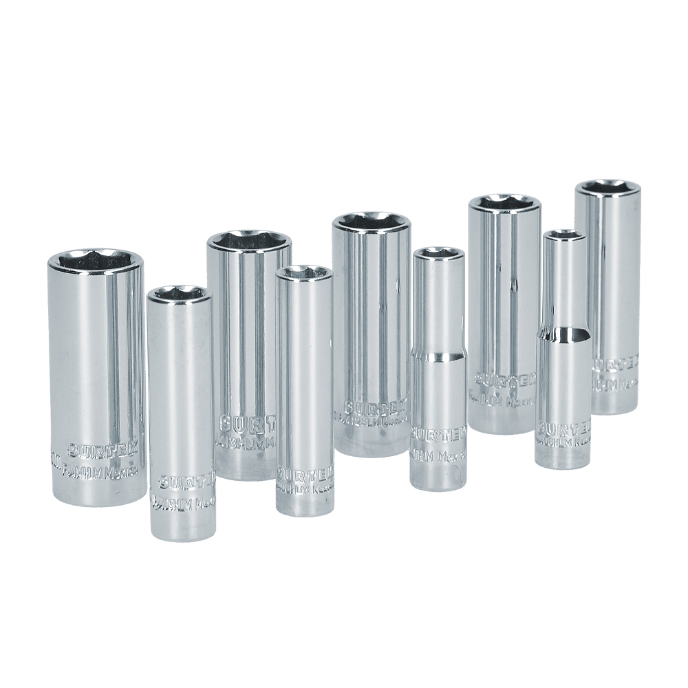 Juego de dados largos cuadro de 1/4", 6 puntas, métricos, 9 piezas Surtek