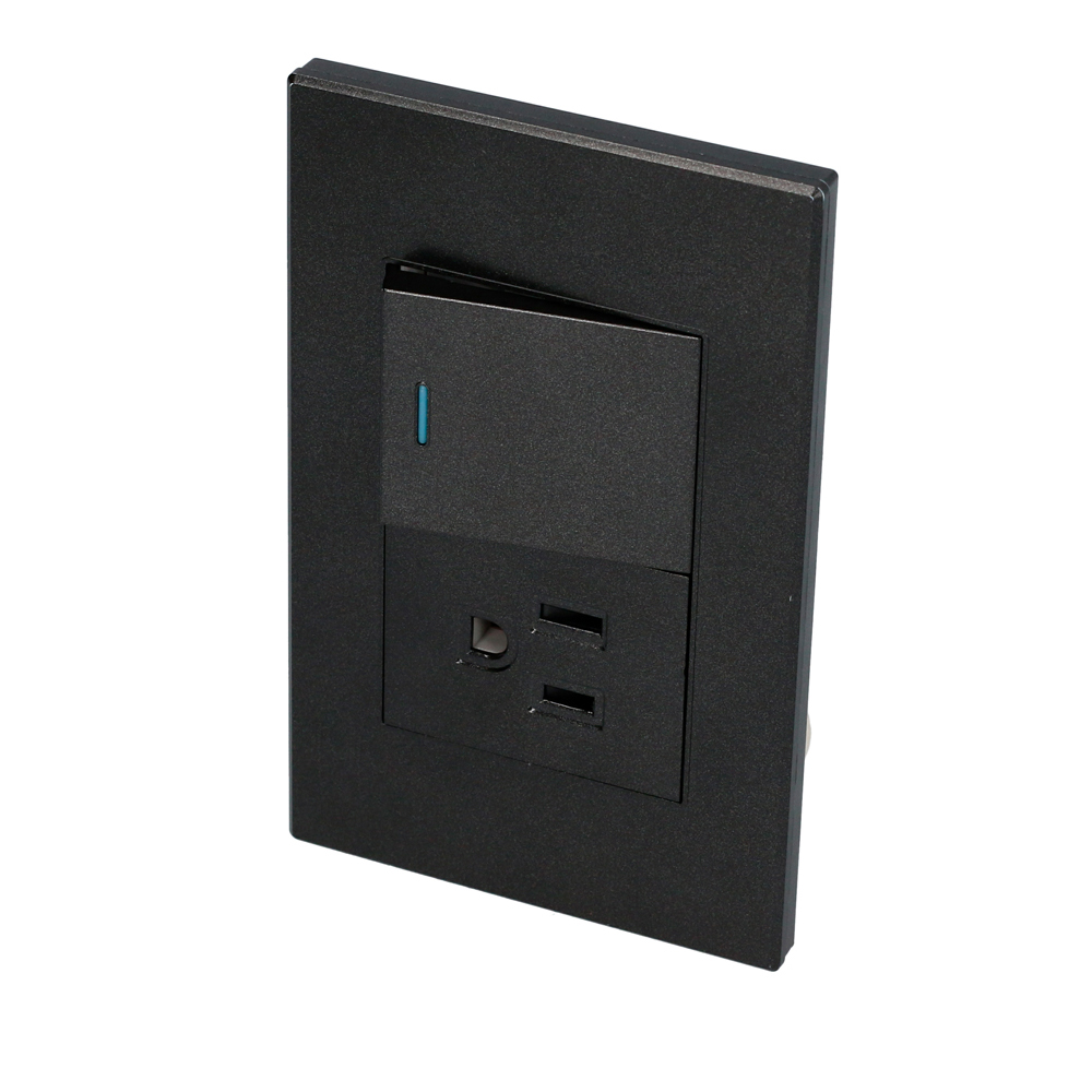 Placa 1 Interruptor 1 contacto 1/2, línea Premium, color negro Surtek