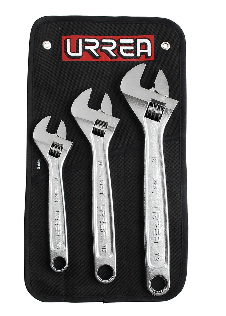Juego de llaves ajustables cromadas, 3 piezas en estuche Urrea