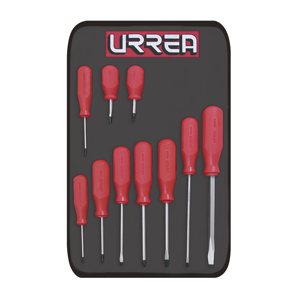 Juego de destornilladores con mango rojo, combinados, 10 piezas en estuche Urrea