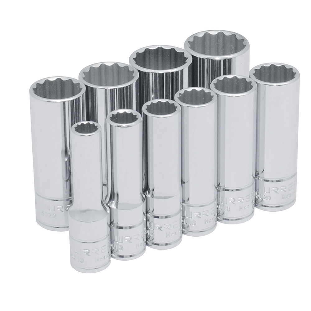 Juego de dados largos cuadro de 3/8", 12 puntas, en pulgadas, 10 piezas Urrea