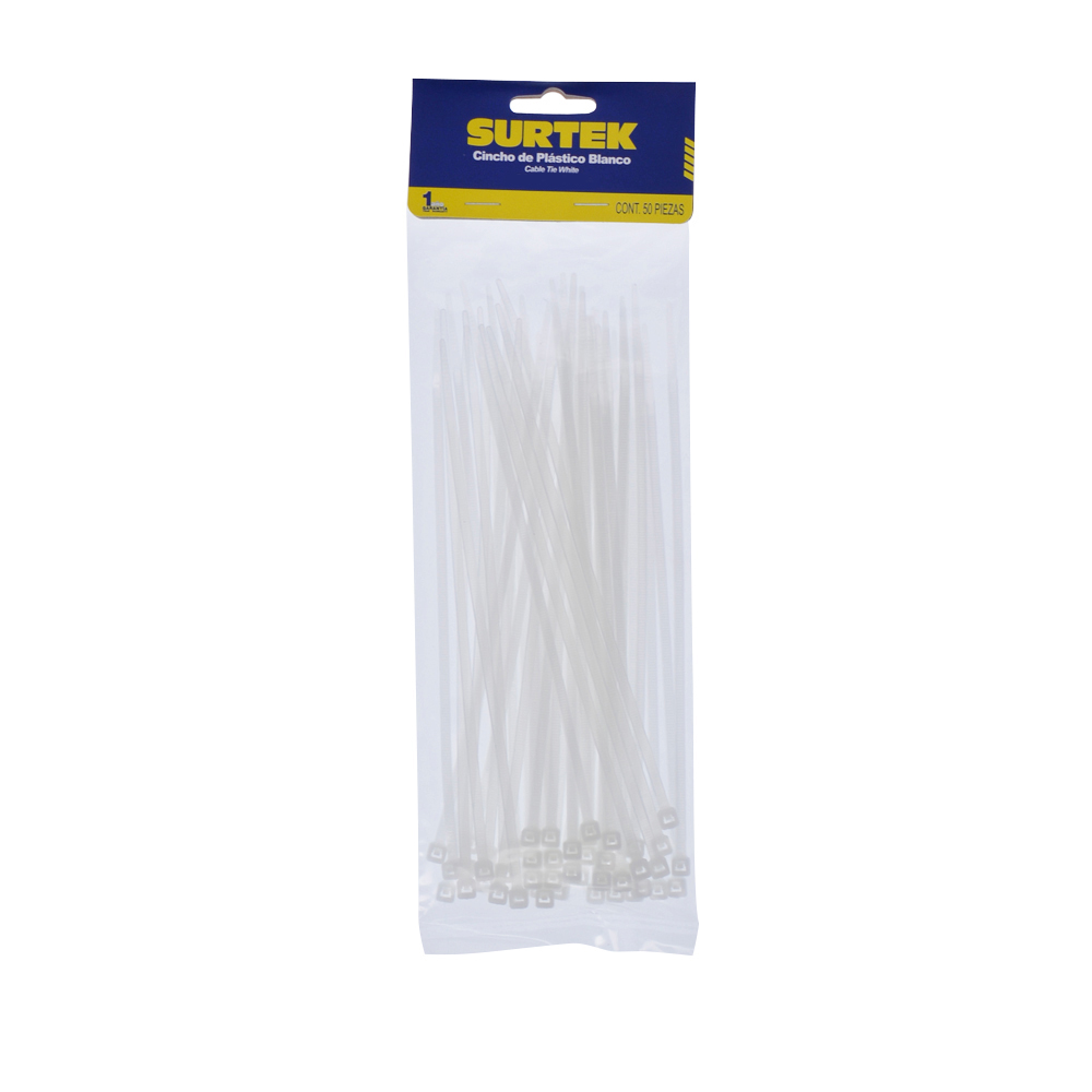 Cinchos plásticos 150 x 3.6 mm, tensión 18 kg de 50 piezas, color natural Surtek
