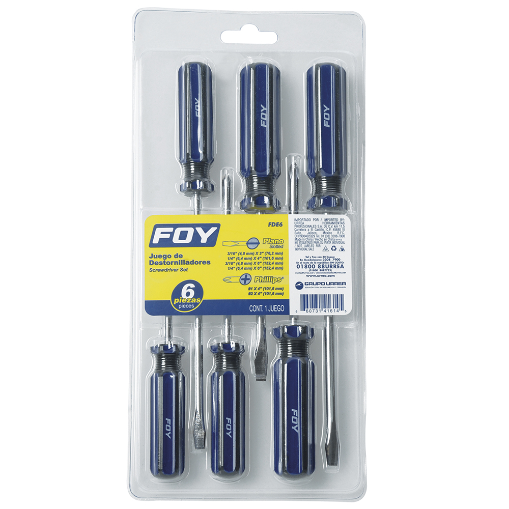 Juego de destornilladores con mango de PVC combinados, 6 piezas en blíster Foy