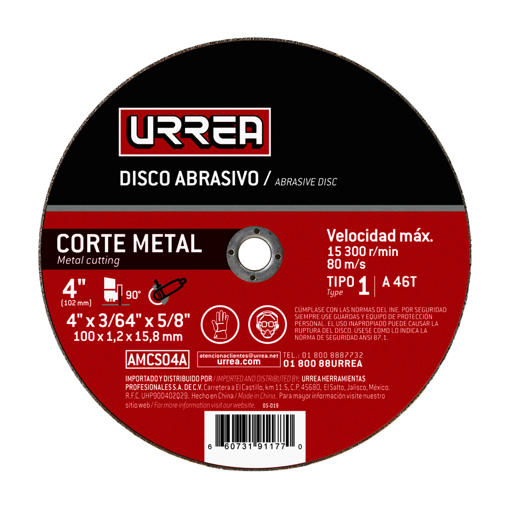Disco abrasivo tipo 1 para metal 4" x 3/64" Urrea