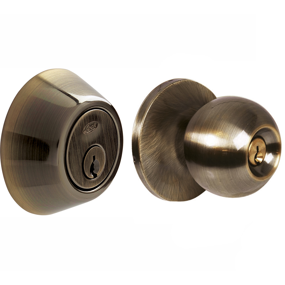 Combo de pomo tubulares de bola función sencilla, latón antiguo, llave estándar, blíster Lock