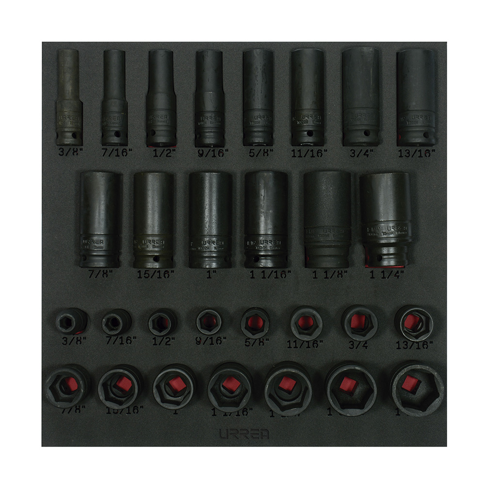 Juego de dados de impacto cortos y largos en pulgadas cuadro de 1/2" 29 piezas, CH218-C Urrea