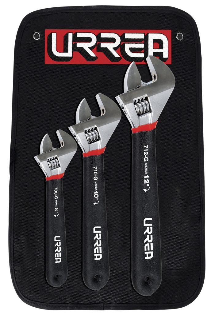 Juego de llaves ajustables cromadas con mango Rubber Grip, 3 piezas en estuche Urrea