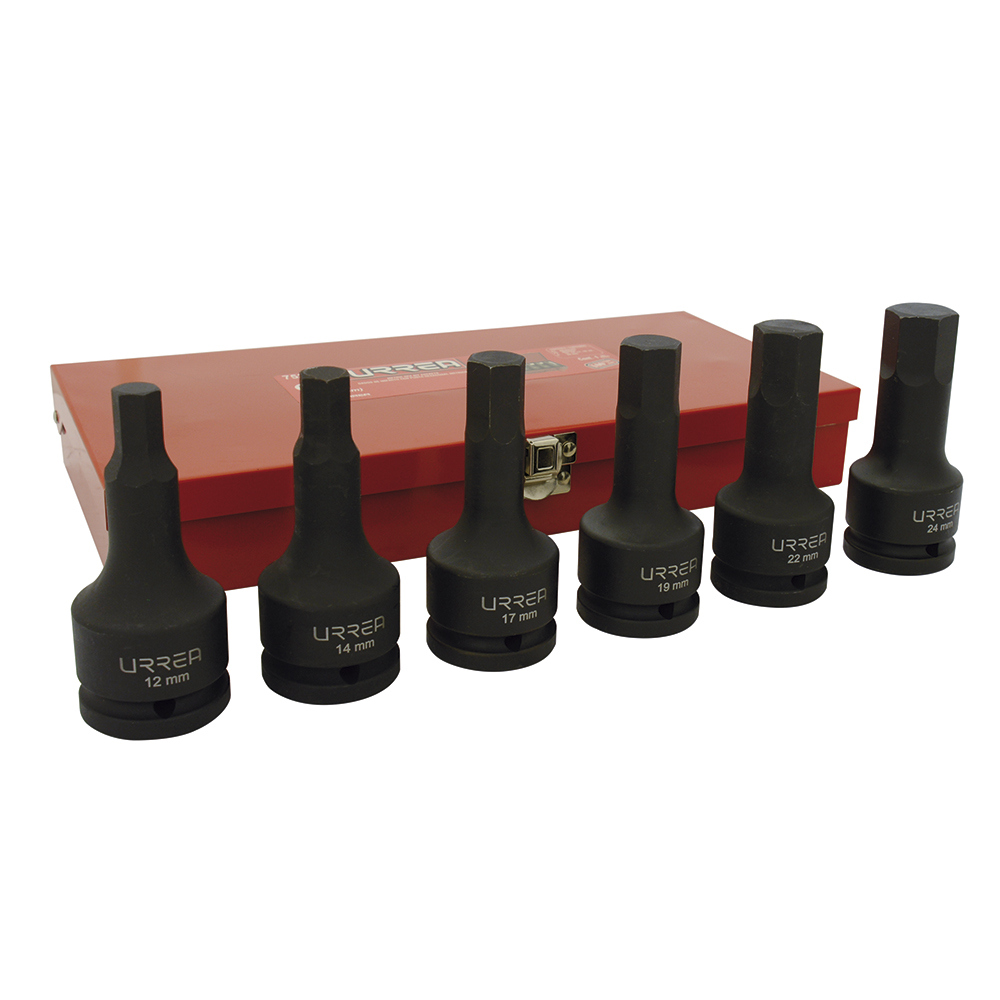 Juego de dados de impacto con punta hexagonal cuadro de 3/4", métricos, 6 piezas Urrea