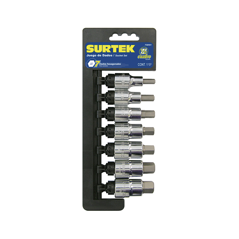 Juego de dados con punta hexagonal cuadro de 1/2", en pulgadas, 7 piezas Surtek