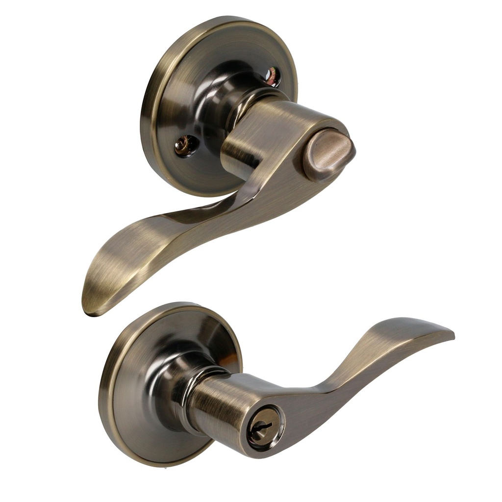 Manija tubular curva función entrada y recámara, latón antiguo, llave estándar, blíster Lock