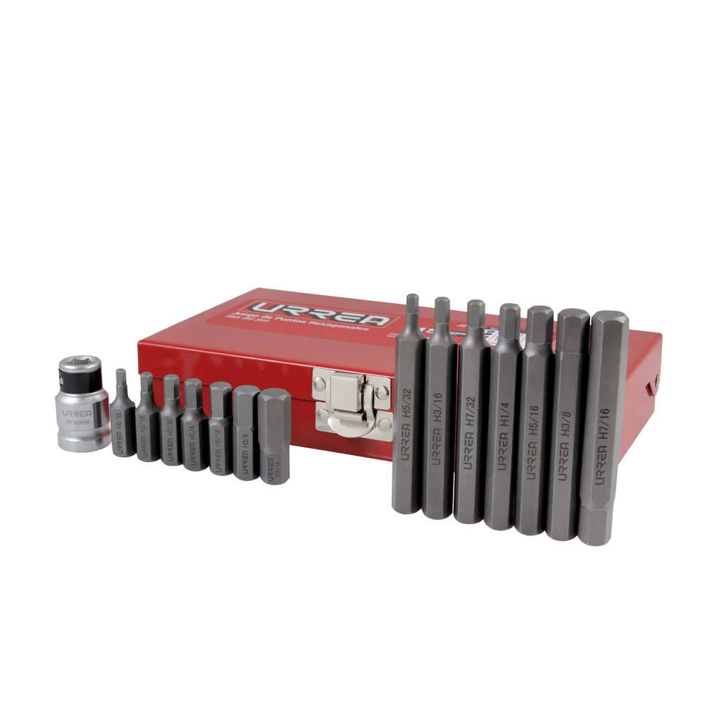 Juego de puntas hexagonales hexágono de 3/8" in, con adaptador, 15 pz en caja metalica Urrea