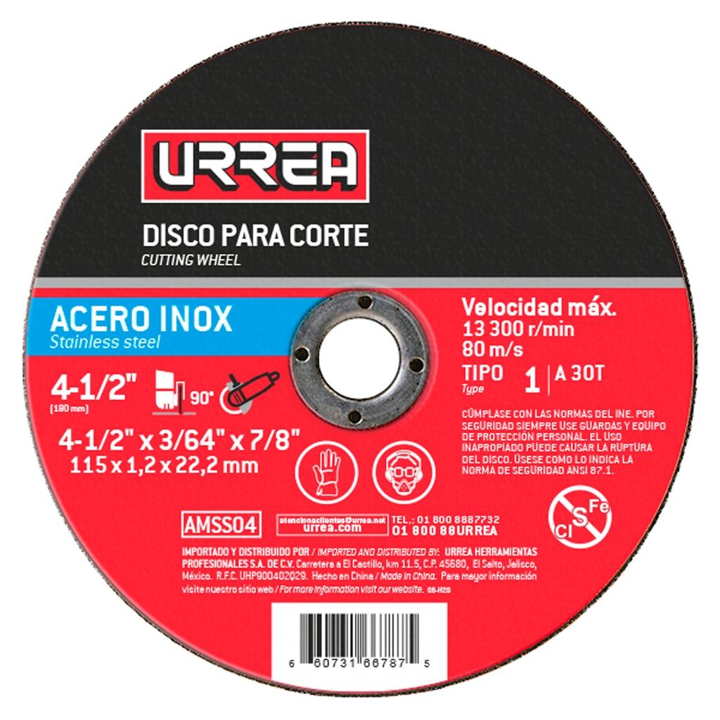 Disco abrasivo tipo 1 para acero inoxidable 4-1/2" x 1/16" Urrea