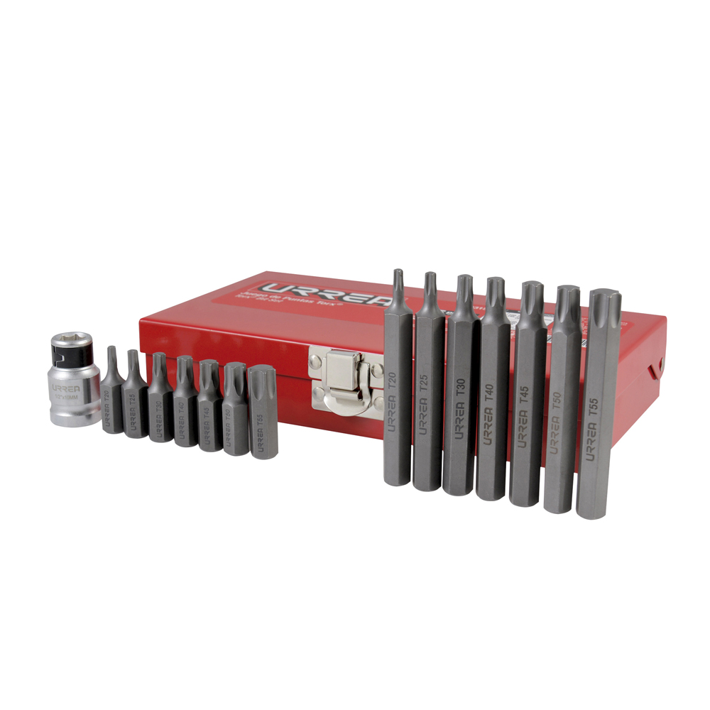 Juego de puntas Torx hexágono de 3/8" con adaptador, 15 piezas en caja metalica Urrea