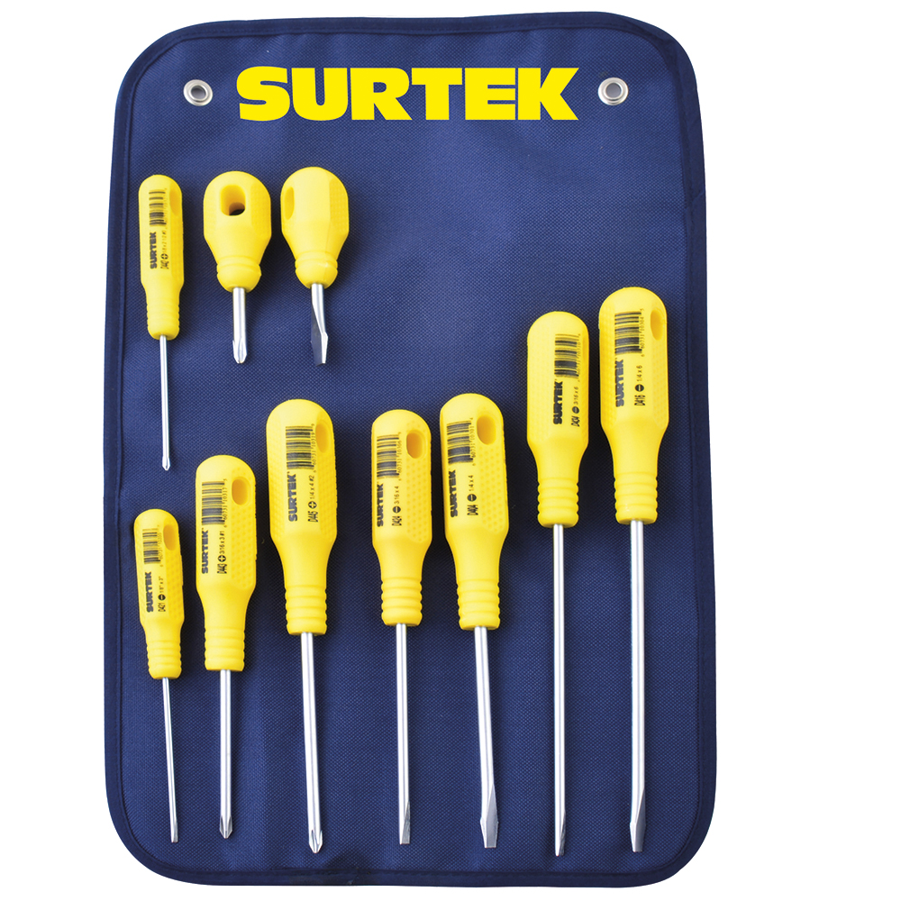 Juego de destornilladores con mango amarillo combinados, 10 piezas en estuche Surtek