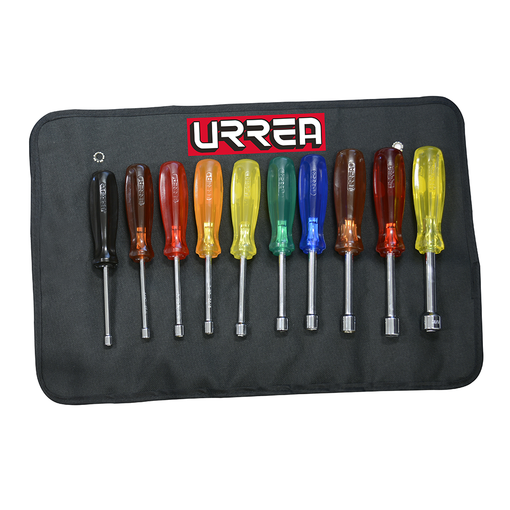 Juego de destornilladores con mango ámbar de colores,de caja en pulgadas, 10 pz en estuche Urrea