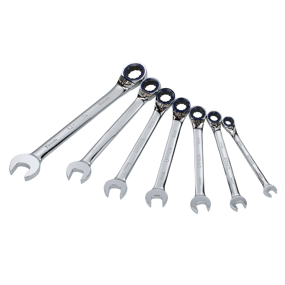 Juego de llaves combinadas pulido espejo de matraca rev mét, 12 puntas,7 pz en rack Urrea