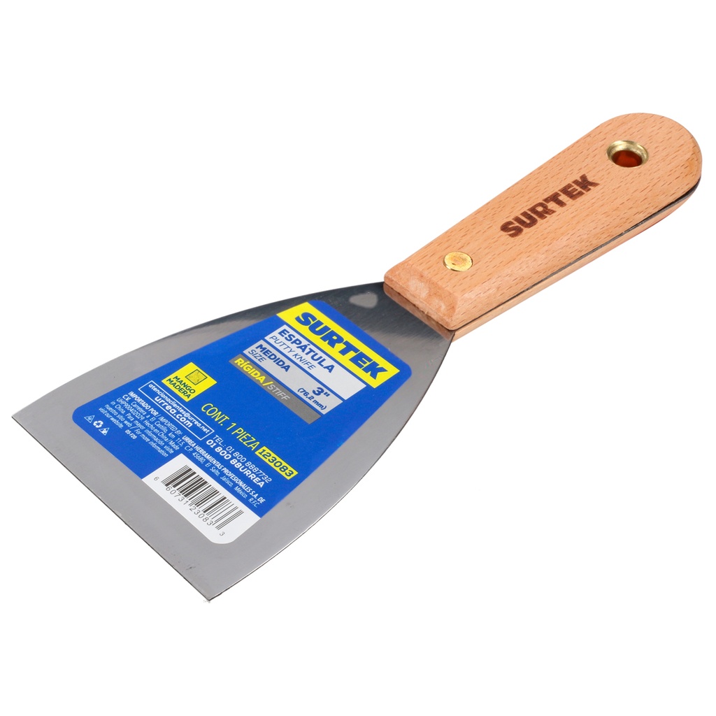 Espátula rígida de acero de alto carbón con mango de madera 3" Surtek