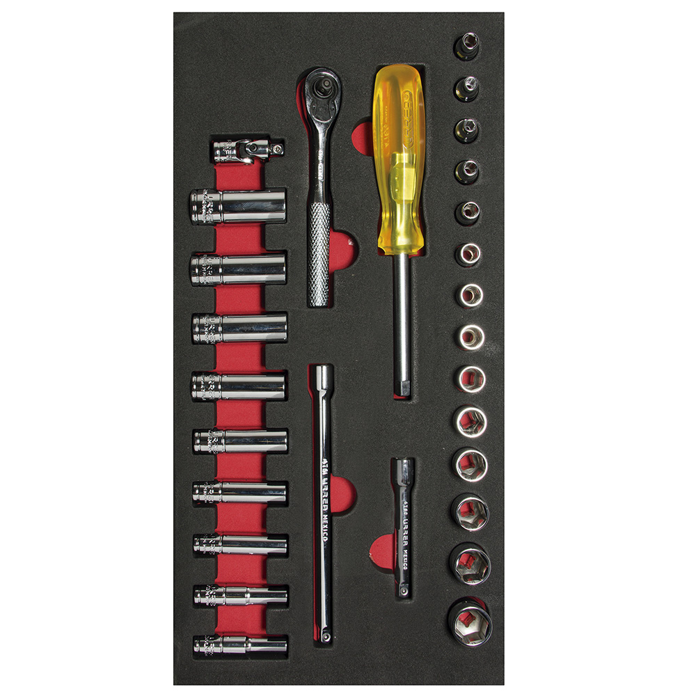 Juego de dados cortos, largos y accesorios cuadro de 1/4"  métricos 28 piezas CH103-C Urrea