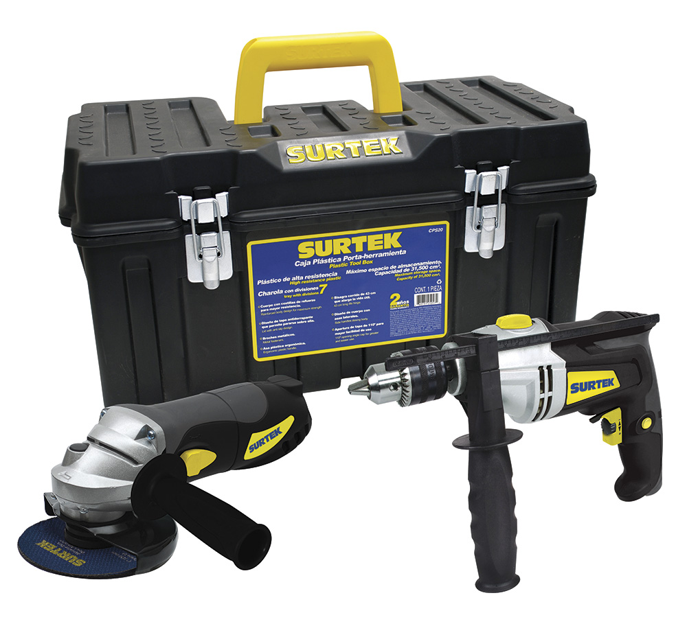Juego combinado de herramienta con rotomartillo y esmeriladora 3 piezas, caja plástica Surtek