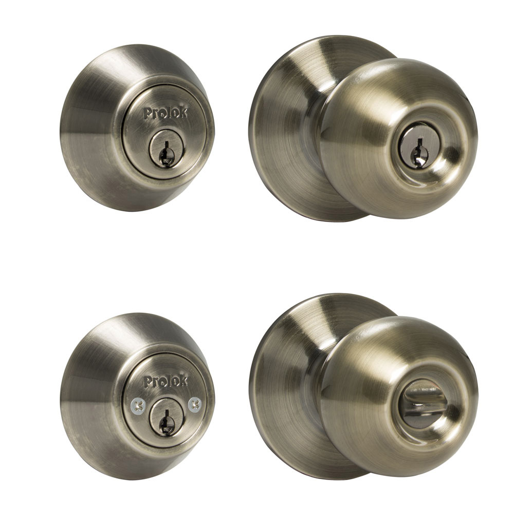 Combo de pomo tubular bola función doble, latón antiguo, llave estándar, blíster Prolok