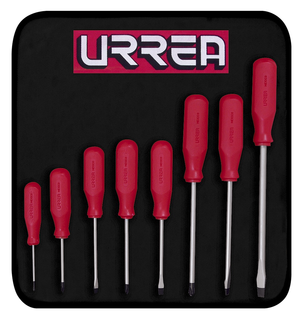 Juego de destornilladores con mango rojo, combinados, 8 piezas en estuche Urrea