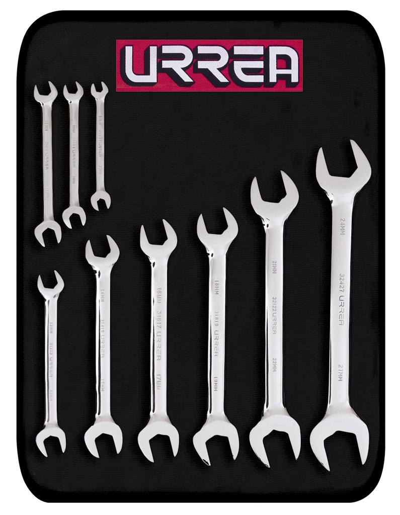 Juego de llaves españolas pulido espejo métricas, 9 piezas en estuche Urrea