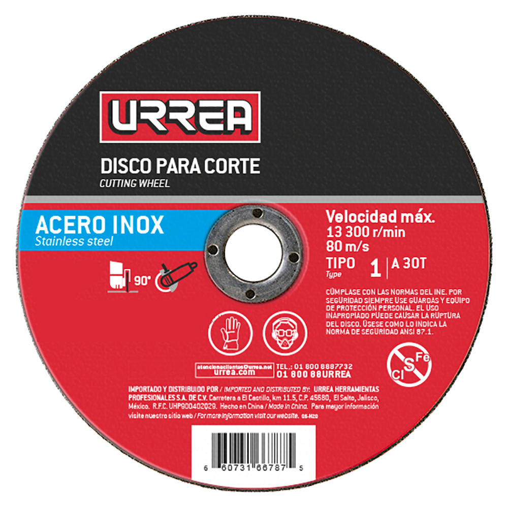 Disco abrasivo tipo 1 para acero inoxidable, 4-1/2" x 3/64" Urrea