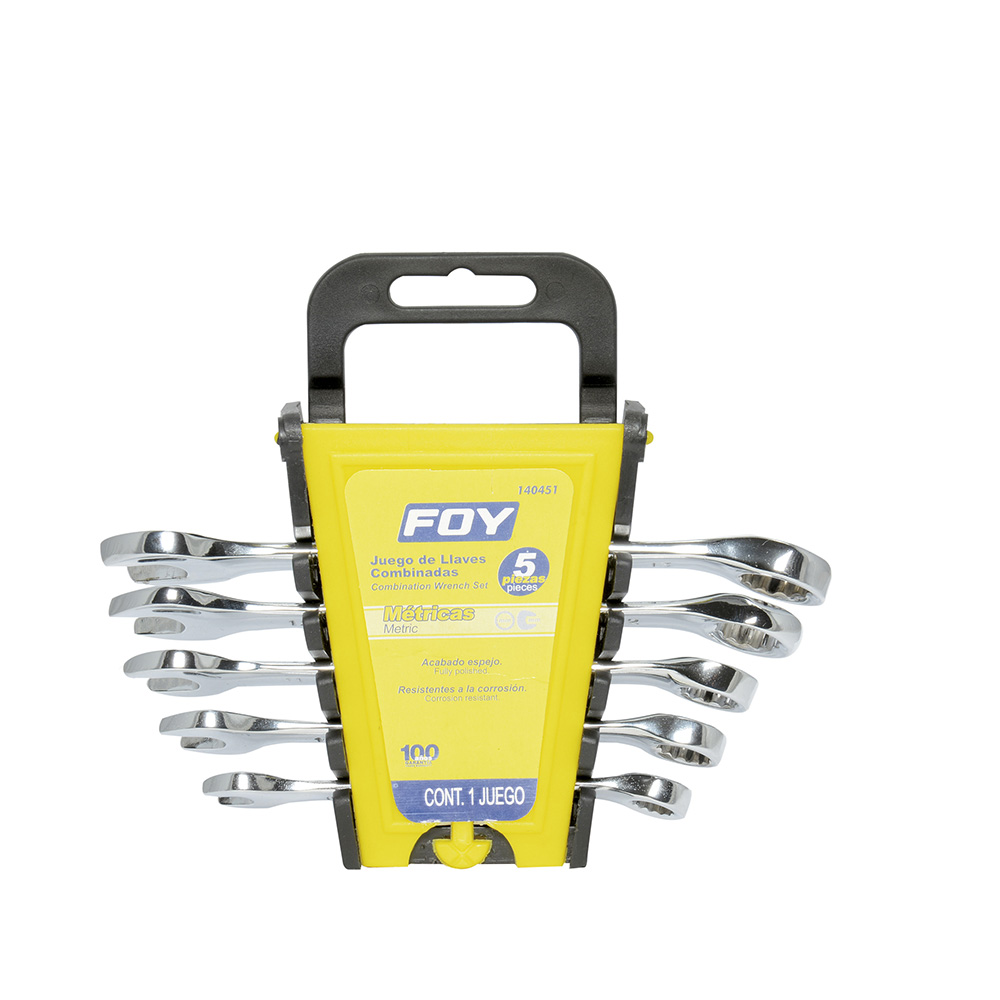 Juego de llaves combinadas pulido espejo métricas, 12 puntas, 5 piezas en rack Foy