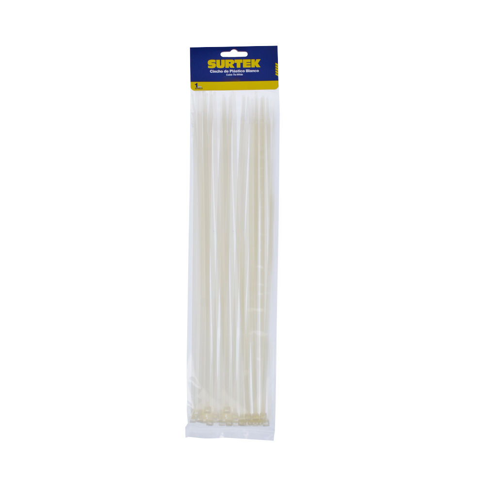 Cinchos plásticos 300 x 4.6 mm, tensión 22 kg de 50 piezas, color blanco Surtek