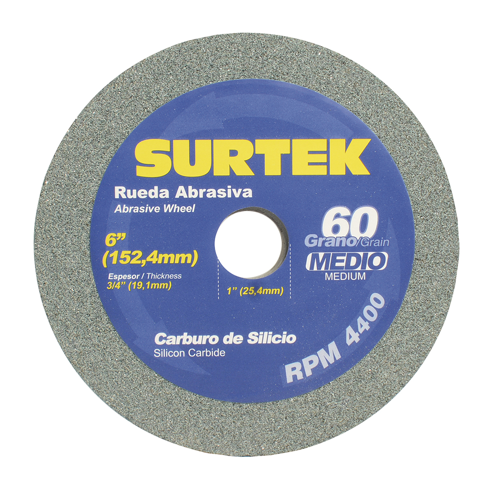 Rueda abrasiva de carburo de silicio verde grano 60, 6" x 3/4" Surtek