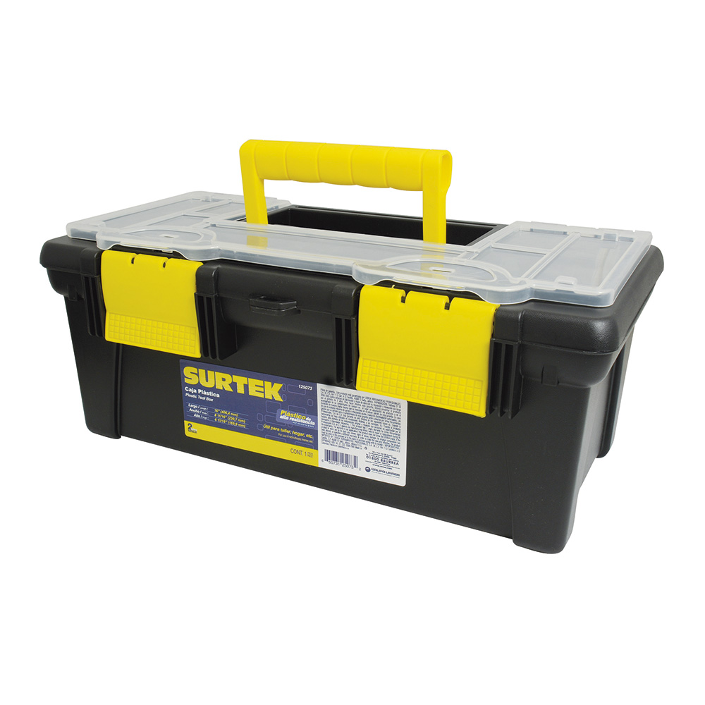 Caja portaherramientas plástica con broches plásticos y organizador color negro 16" x 8" x Surtek