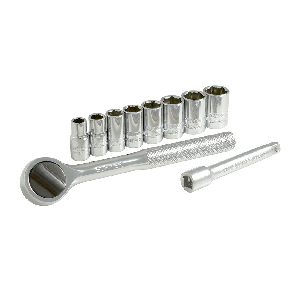 Juego de dados y accesorios cuadro de 1/4" métrico, 10 piezas Surtek