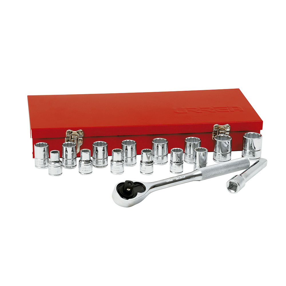 Juego de dados y accesorios cuadro de 1/2" métrico, 17 piezas Urrea