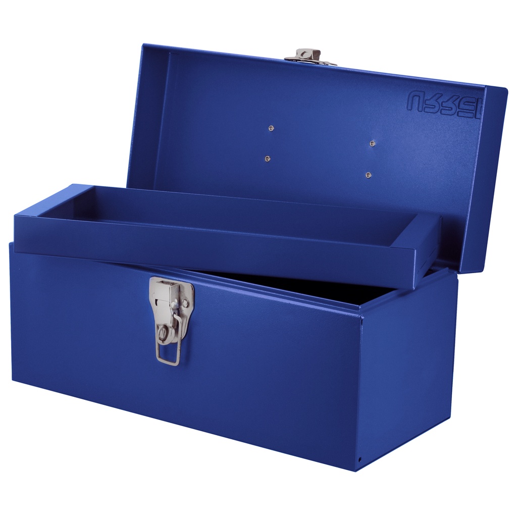 Caja portaherramientas métalica con asa plástica color azul 14" x 6" x 6" Urrea