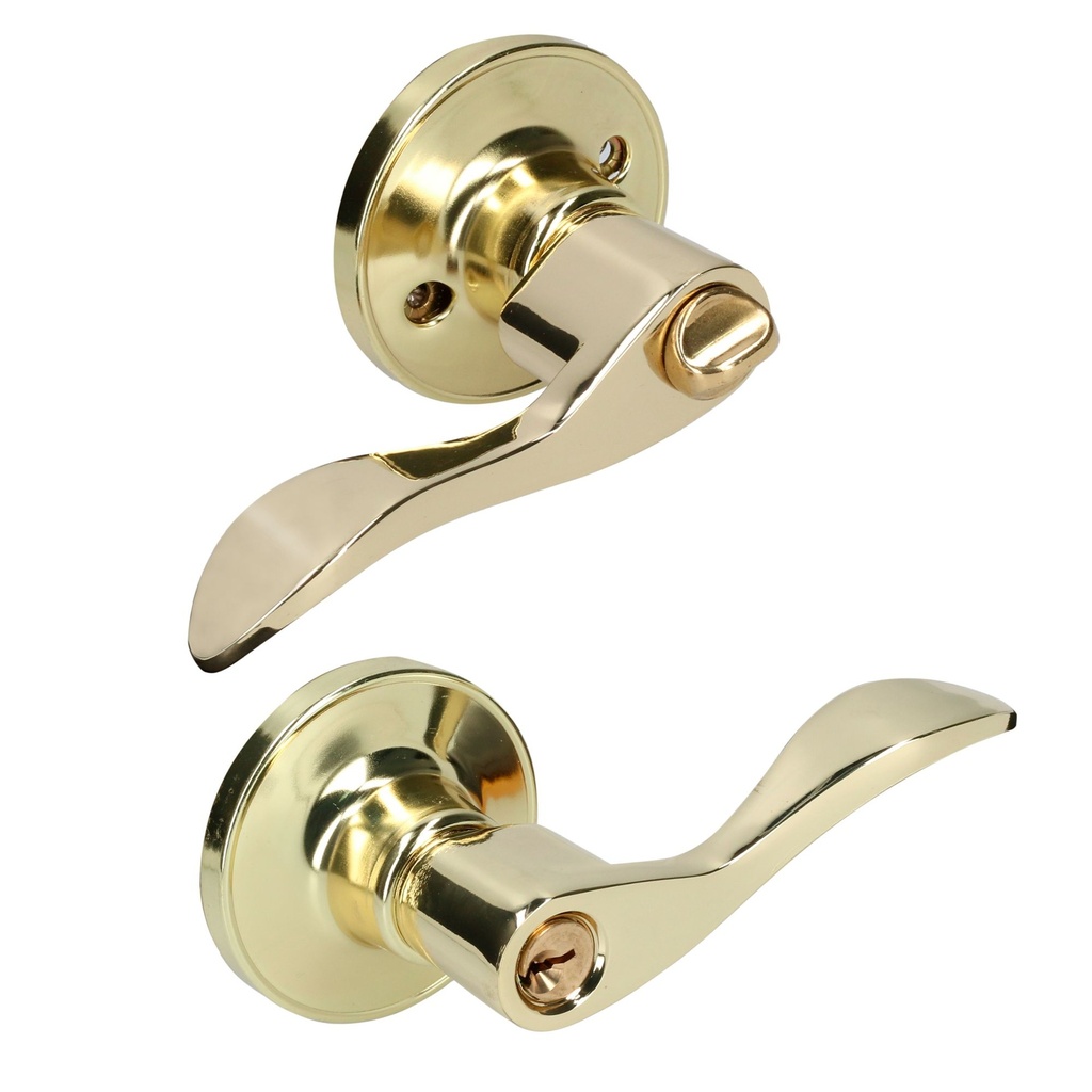 Manija tubular curva función entrada y recámara, latón brillante, llave estándar, blíster Lock