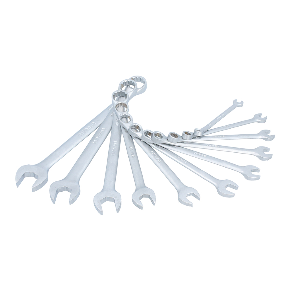 Juego de llaves combinadas satinadas en pulgadas, 12 puntas, 11 piezas en rack Urrea