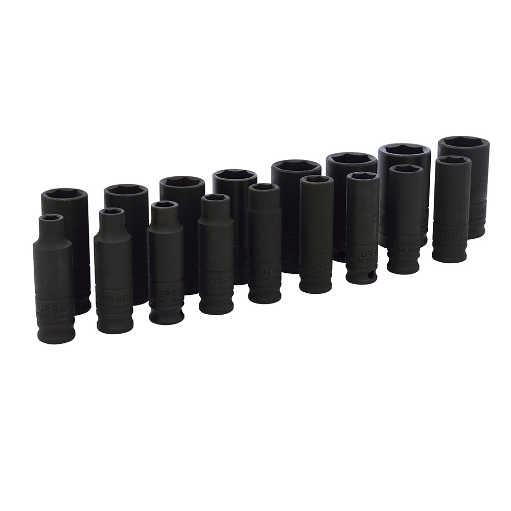 Juego de dados largos de impacto cuadro de 3/8", 6 puntas, métricos, 17 piezas Urrea