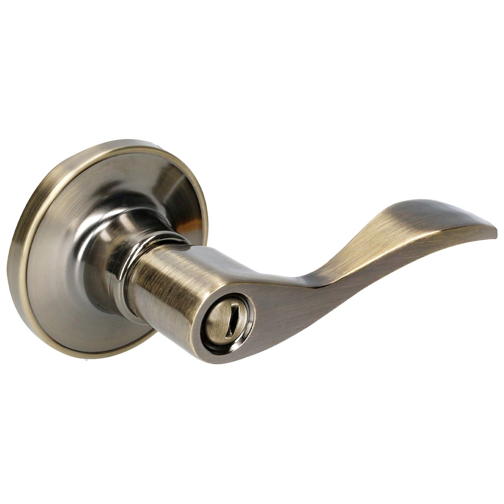 Manija tubular curva función baño, latón antiguo, llave estándar, blíster. Lock