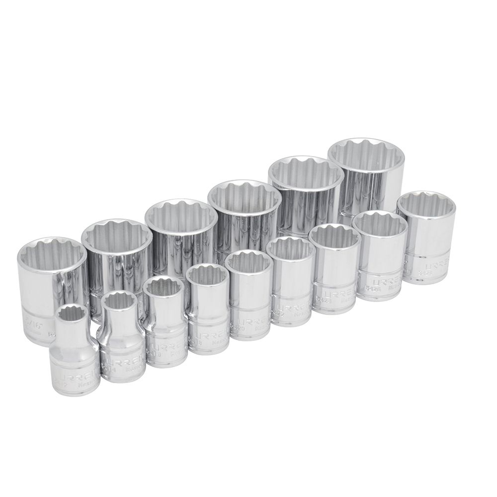 Juego de dados cuadro de 1/2", 12 puntas, en pulgadas, 15 piezas Urrea
