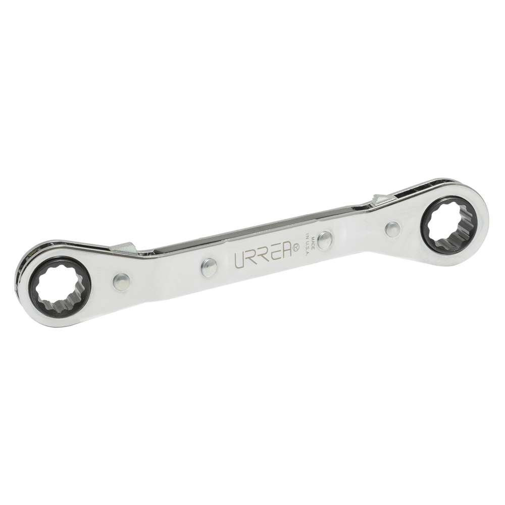 Llave de estrías pulido espejo acodada de matraca en pulgadas, 12 puntas, 3/8" x 7/16" Urrea