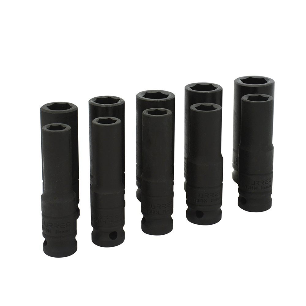 Juego de dados largos de impacto cuadro de 1/2", 6 puntas, métricos, 10 piezas Urrea