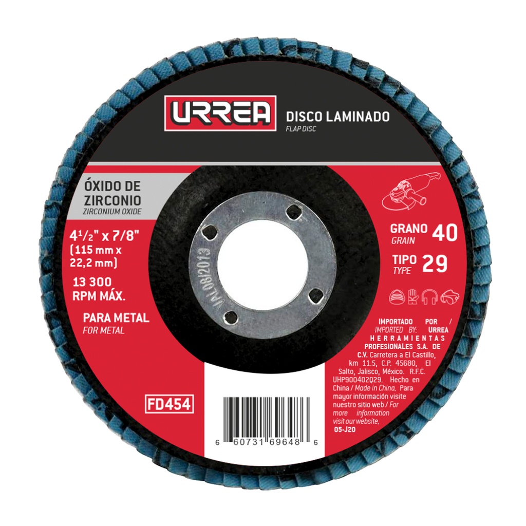 Disco laminado tipo 29 grano 60, 4-1/2" Urrea