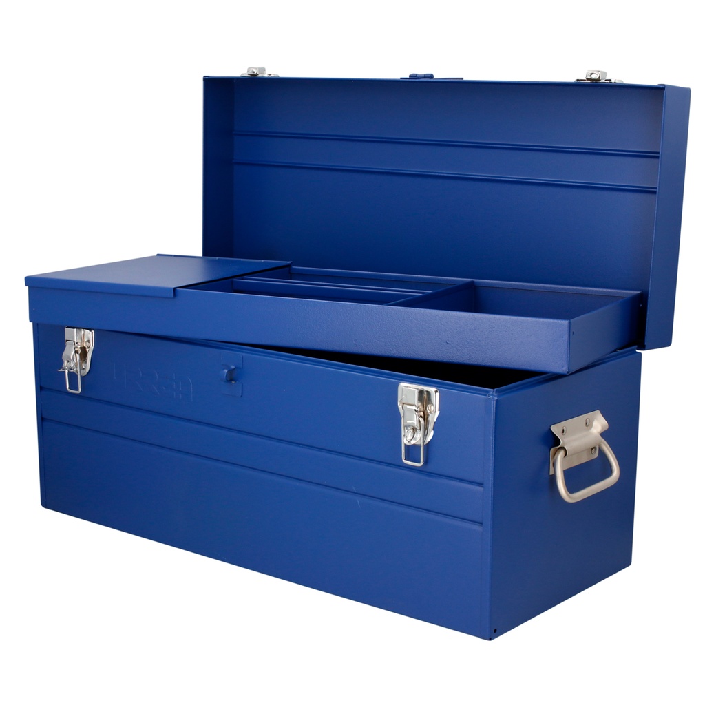 Caja portaherramientas métalica con asa plástica color azul 23" x 10" x 11" Urrea